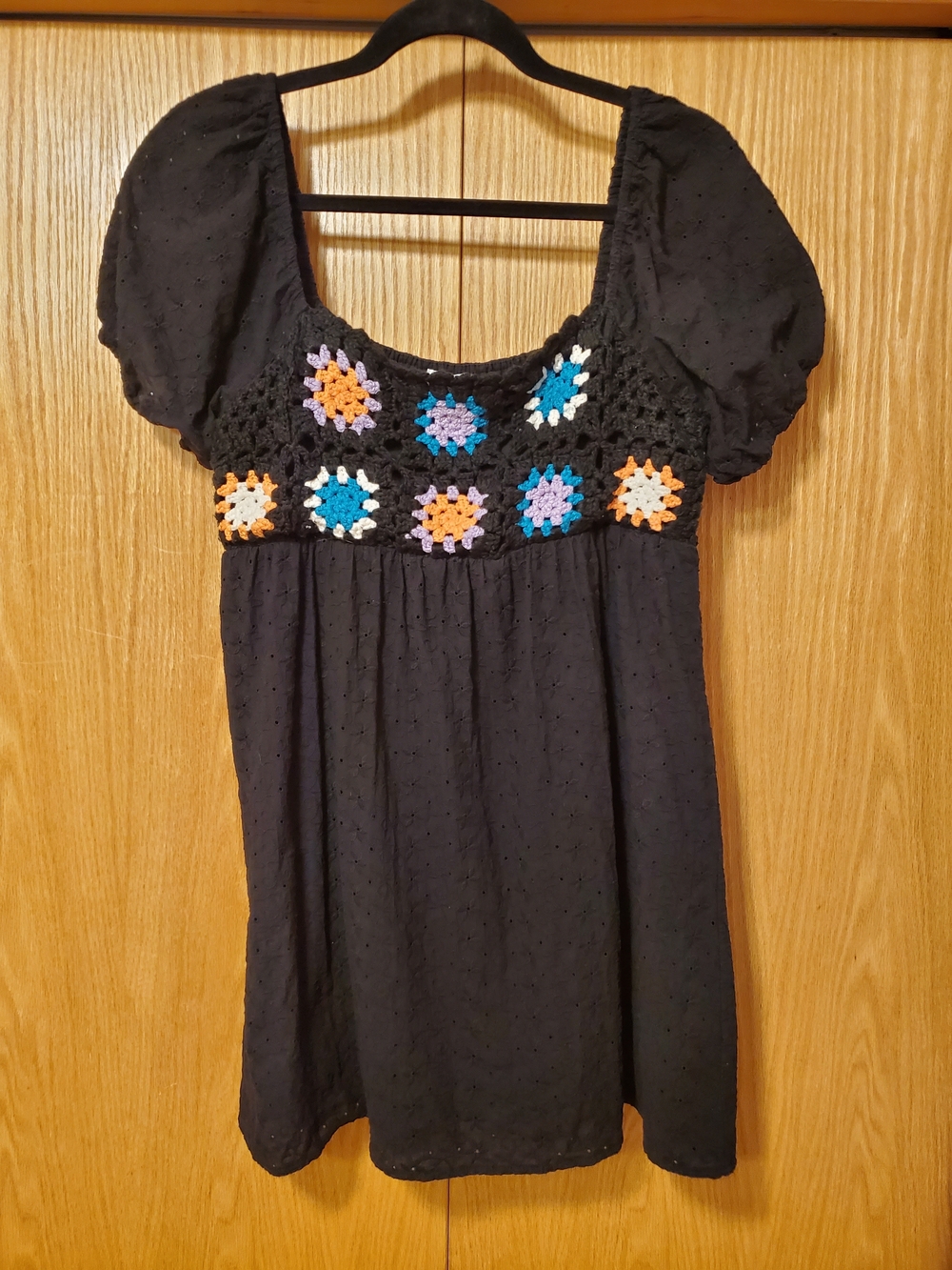 Le Lis Black Eyelet Top with Crochet Flower Accents